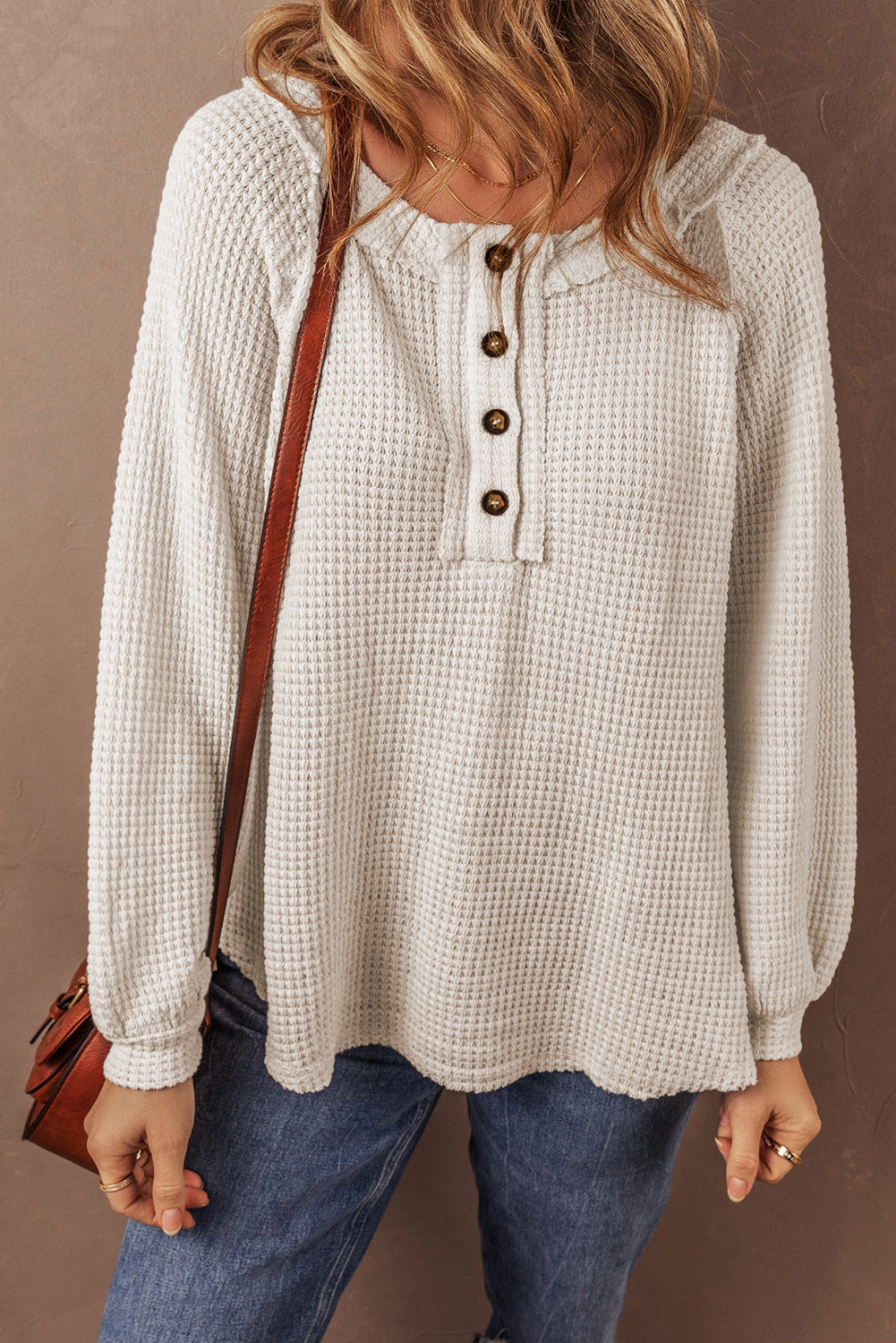 Oatmeal Waffle Knit Botoned Front Raglan manga blusa suelta