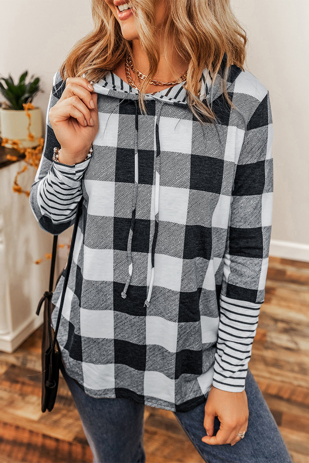 Multicolierer Plaid Striped Patchwork Draw String Hoodie