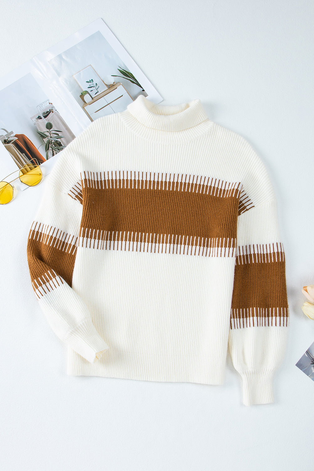 White printed patchwork turtleneck knitted sweater