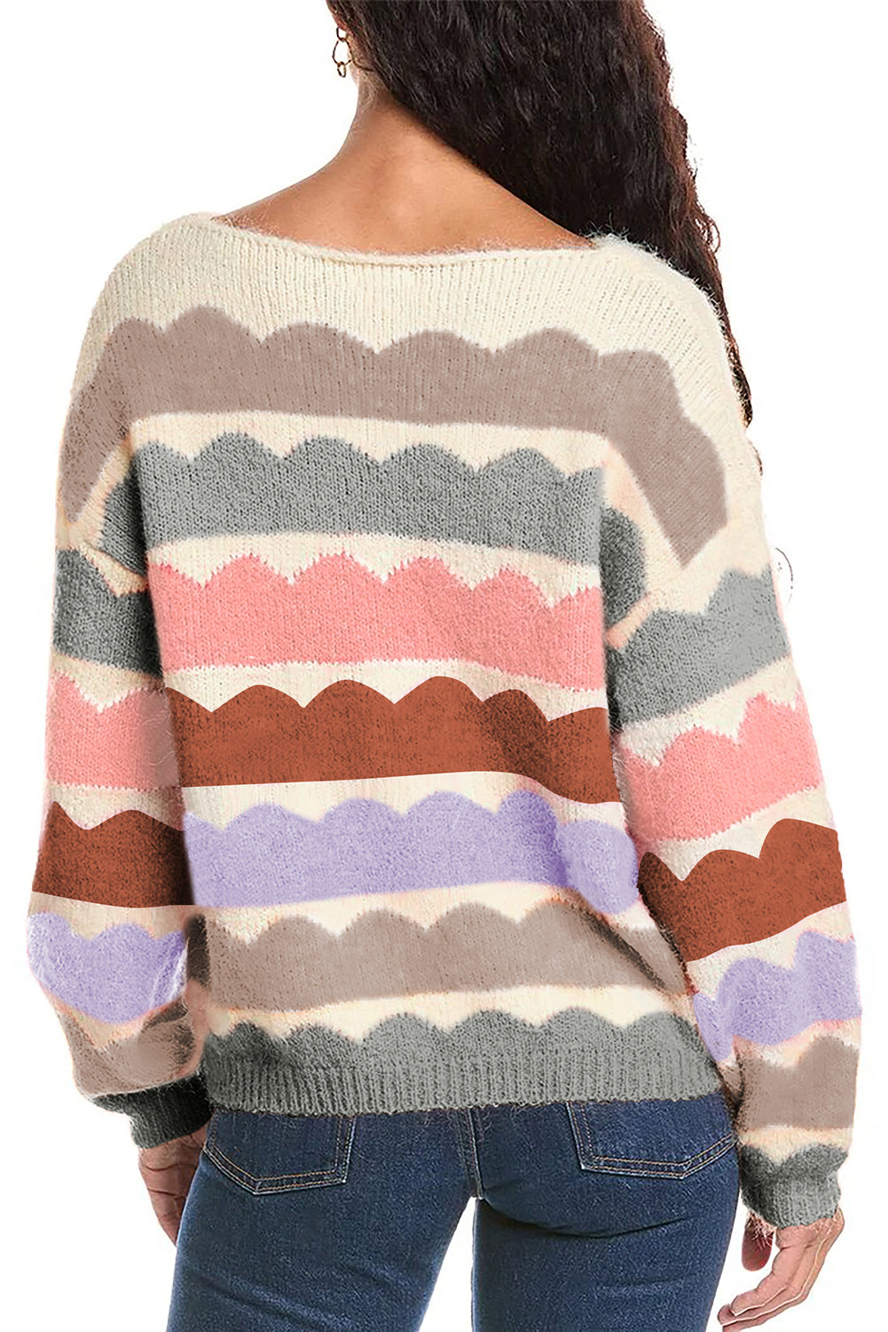 Gray Wave Striped Balloon Sleeve Drop Shoulder Sweater