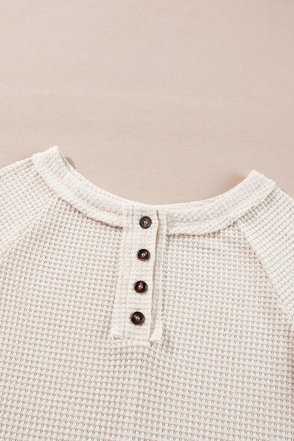 Oatmeal Waffle Knit Buttoned Front Raglan Sleeve Loose Blouse