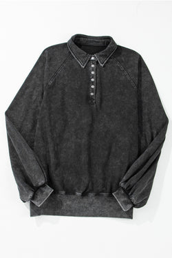 Black Oversized Sweatshirt with Balloon Sleeves and Solid Snap Collar