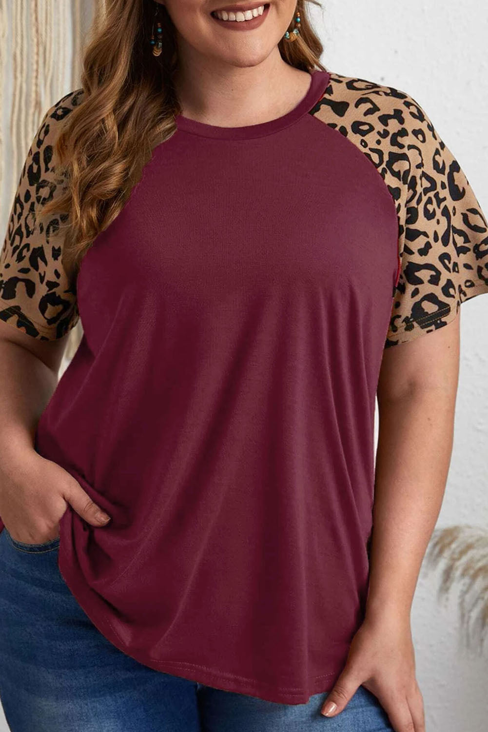 Borgogna Contrasto Leopard Raglan Sleeve T-shirt Plus size