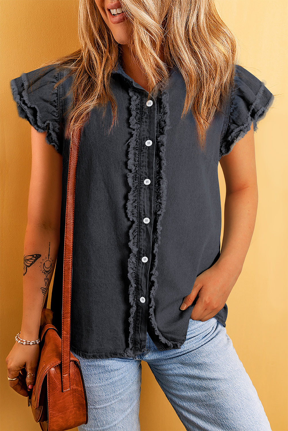 Black Button Front Ruffled Flattern Franed Denim Top