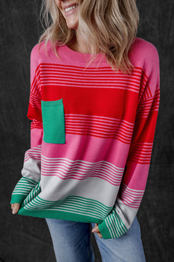 Pull shoulder sweater and knitted pink pocket pocket with pink stripes