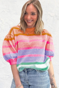 Short sleeve sweater with pink red colored stripes