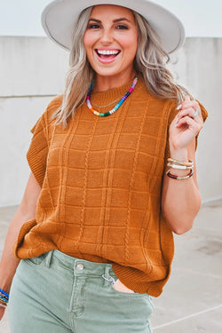 Textured sweater with short sleeves Chestnut Grid