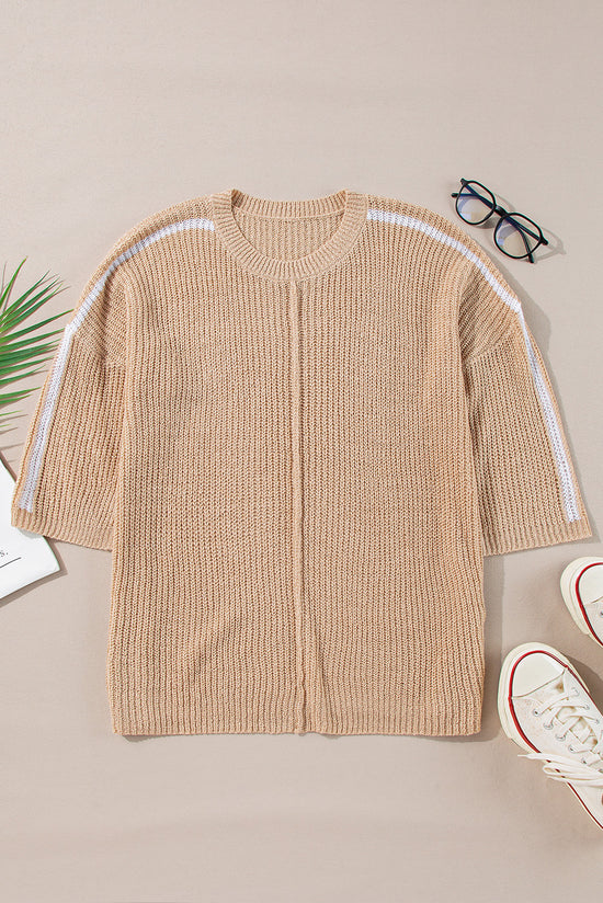 Round neck sweater and 3/4 sleeves with light beige contrast stripes