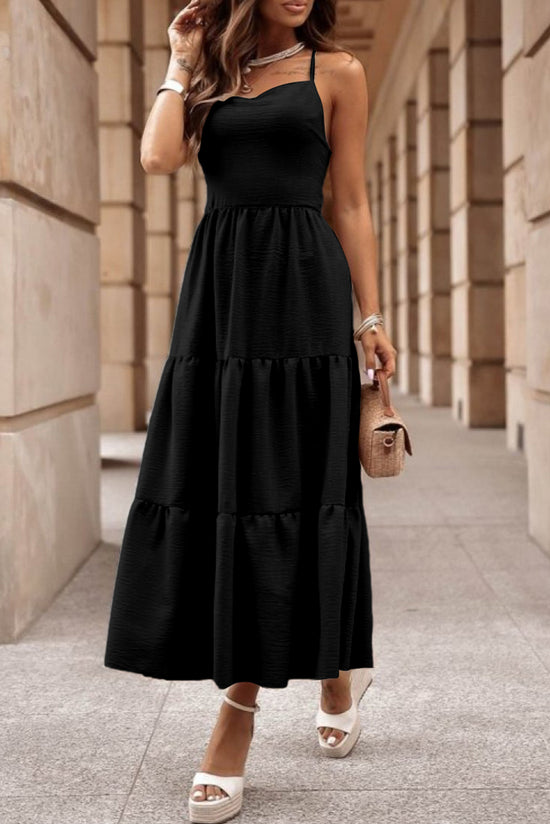 Long black crushed dress bare back with bodies on several levels