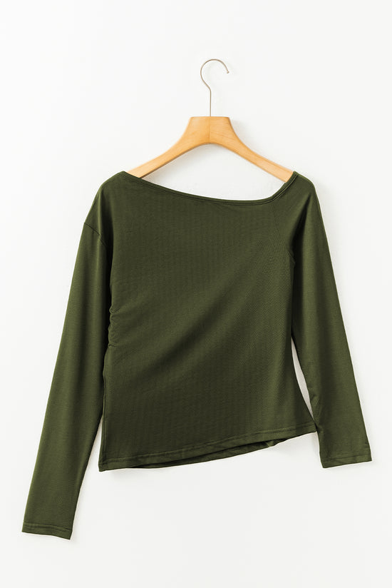 Green long sleeve knit top with asymmetrical neckline