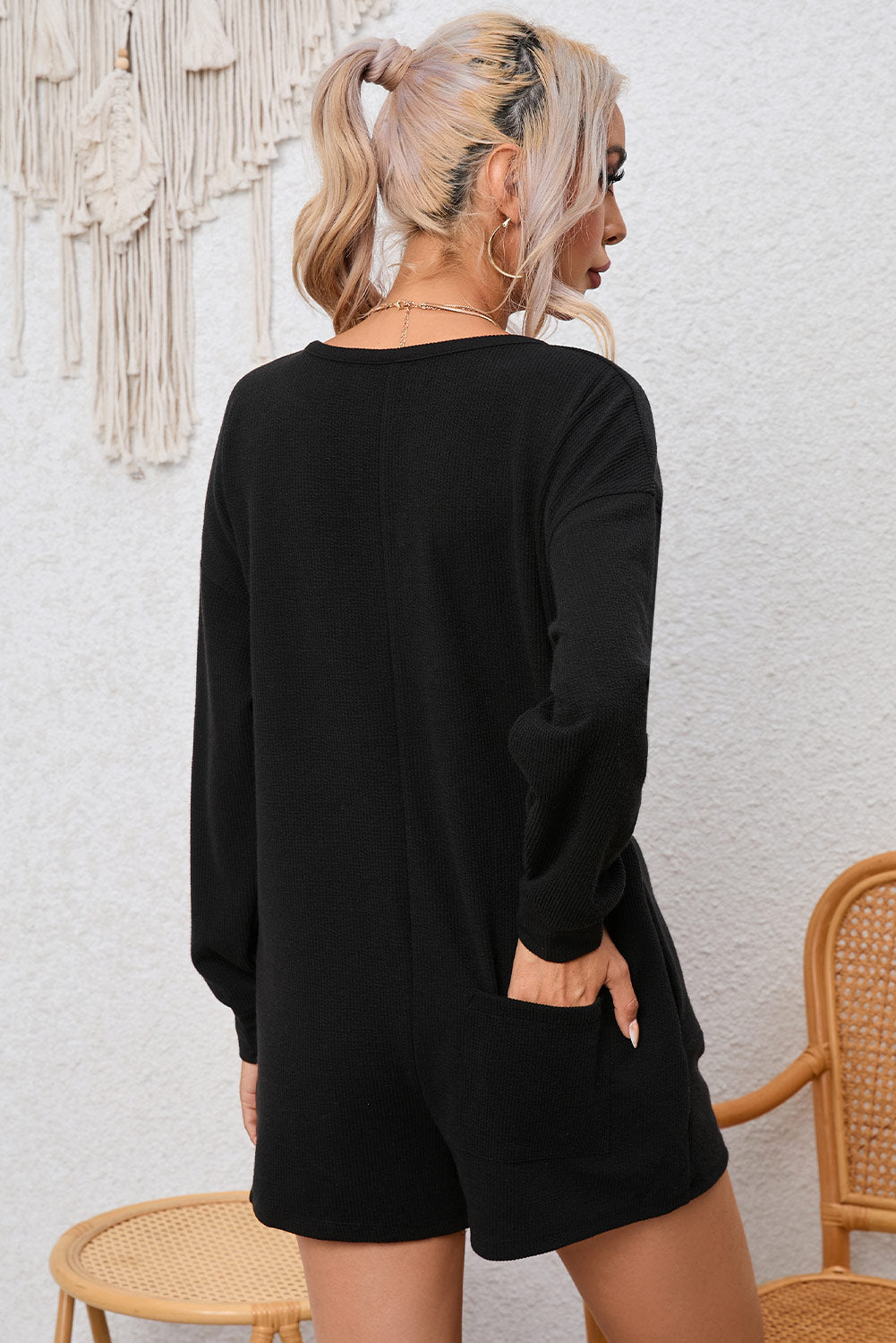 Black Brushed Long Sleeve V-Neck Split Ribbed Button Romper