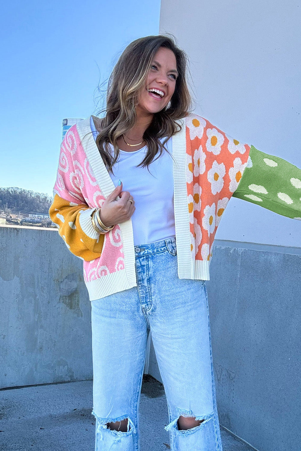 Cardigan ouvert sur le devant à imprimés variés de fleurs et de pois orange-A WOMAN WE LOVE