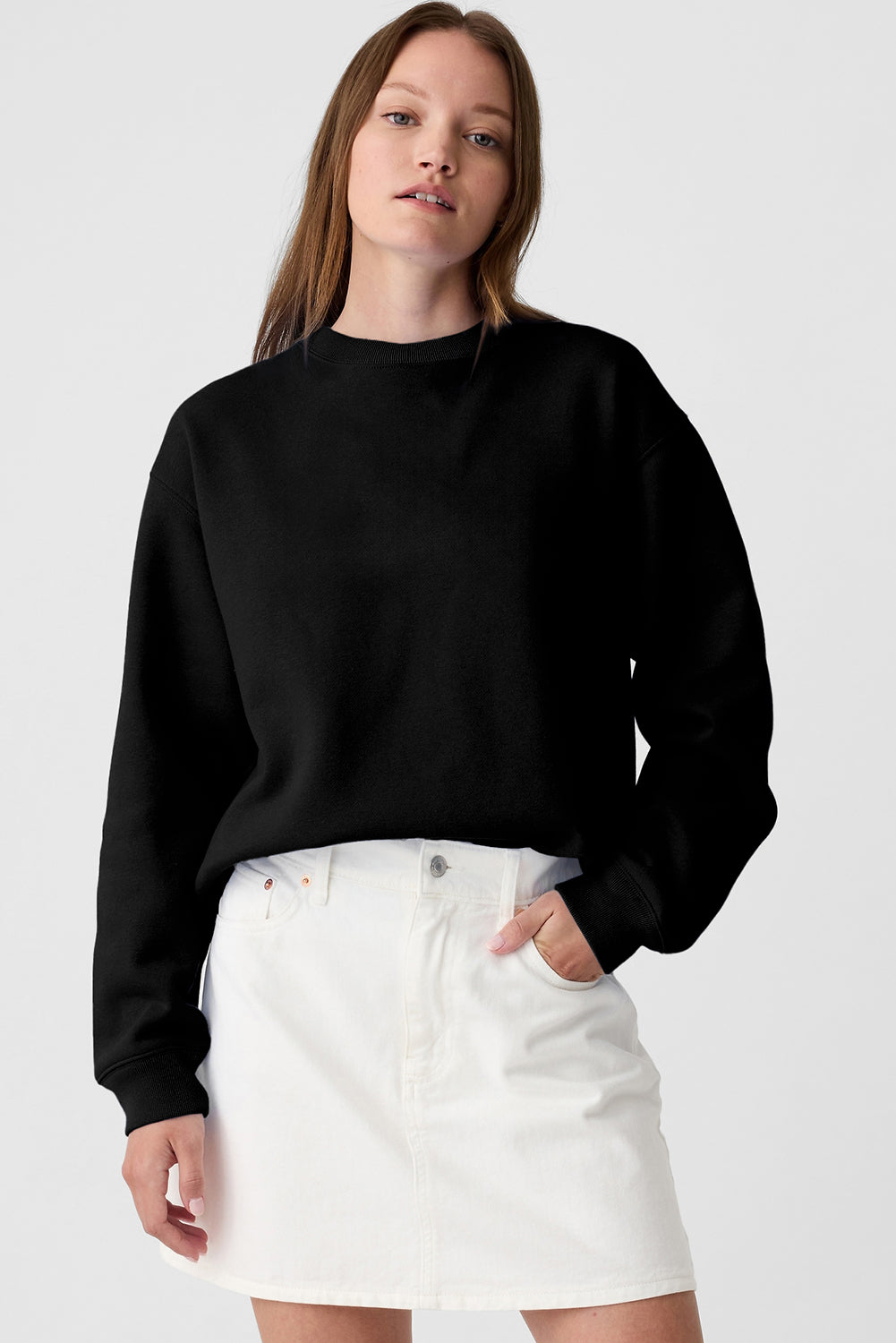 Black Plain Drop Shoulder Crewneck Pullover Sweatshirt