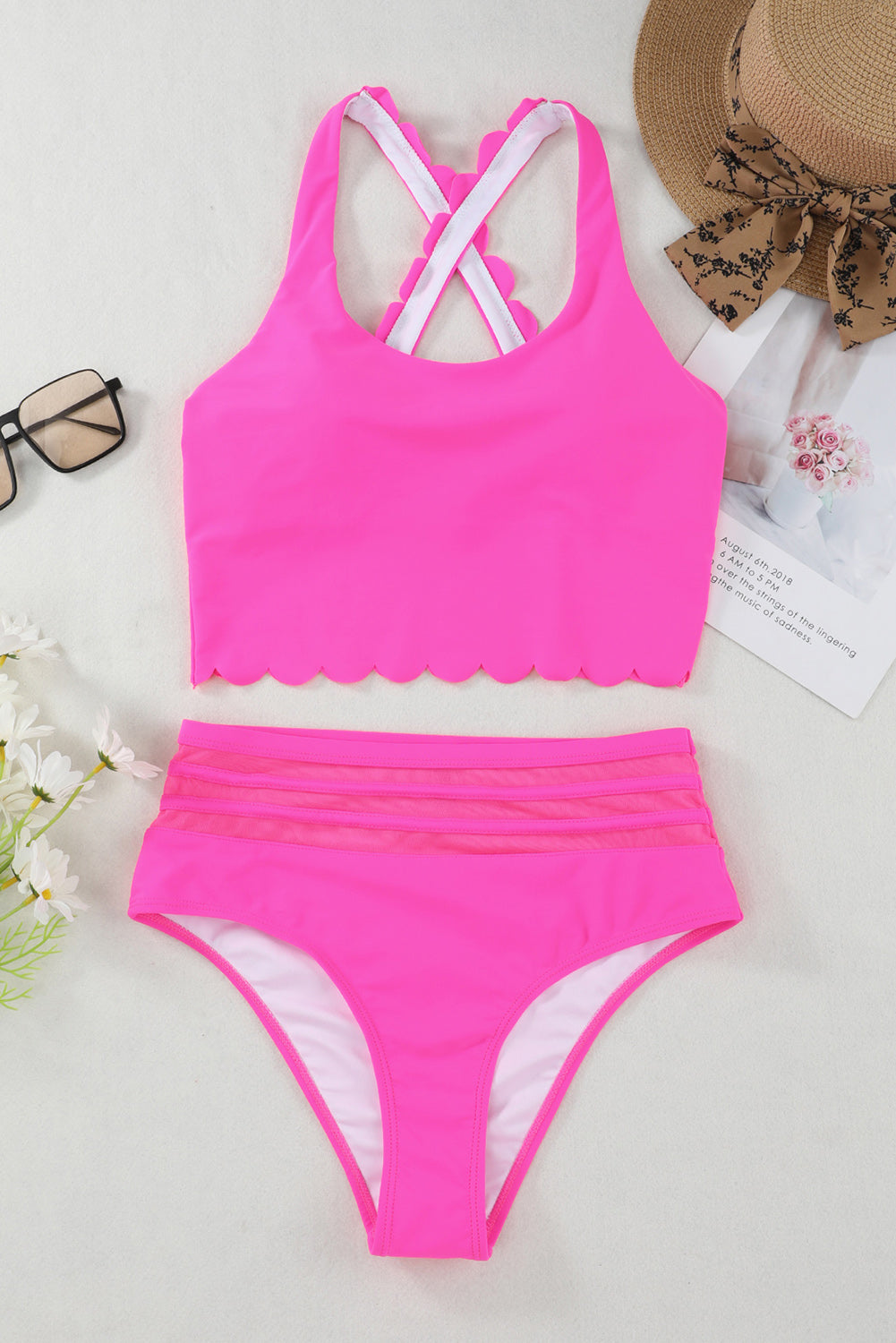 Bikini taille haute croisé festonné rose