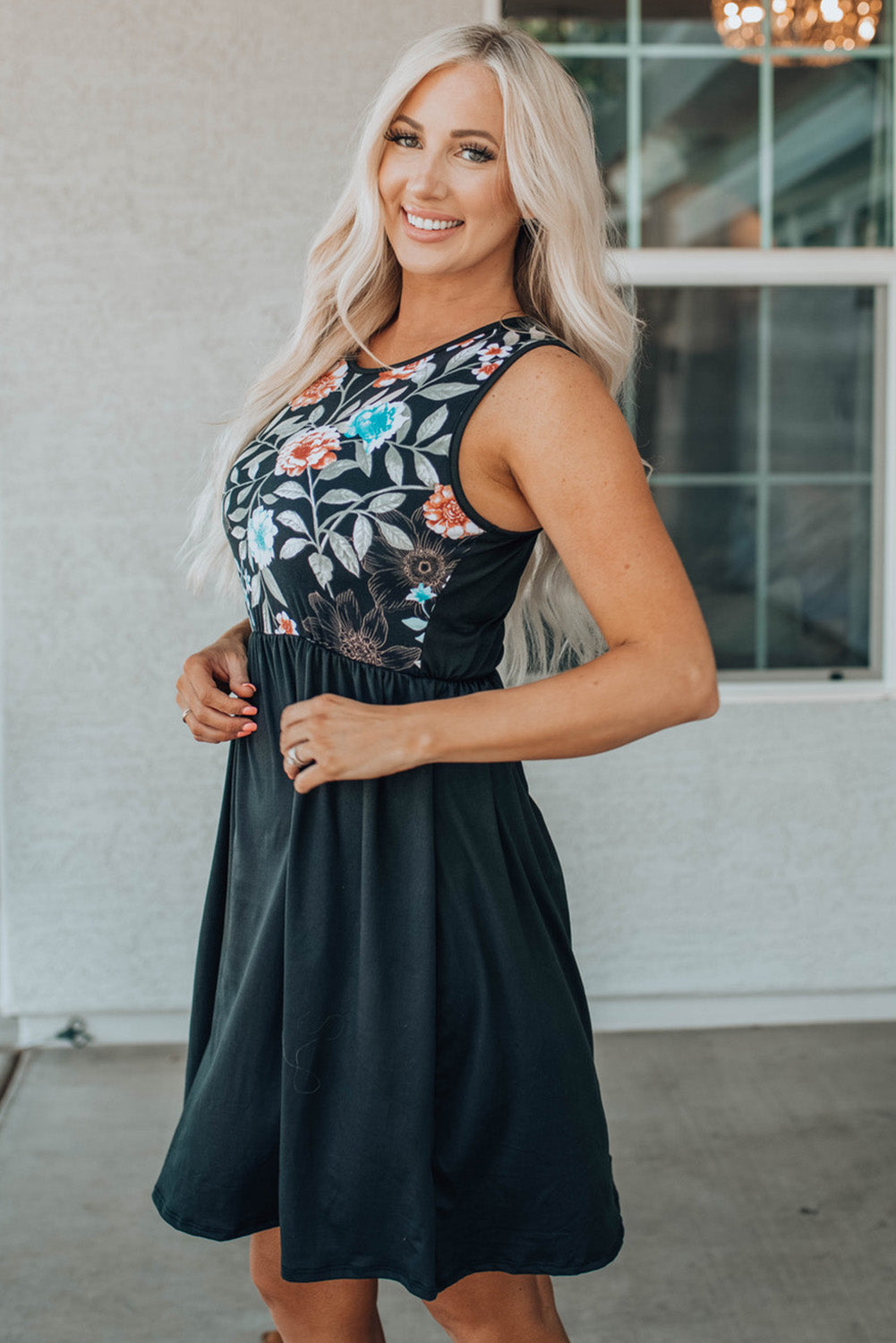 Black Floral Top Sleeveless Midi Dress