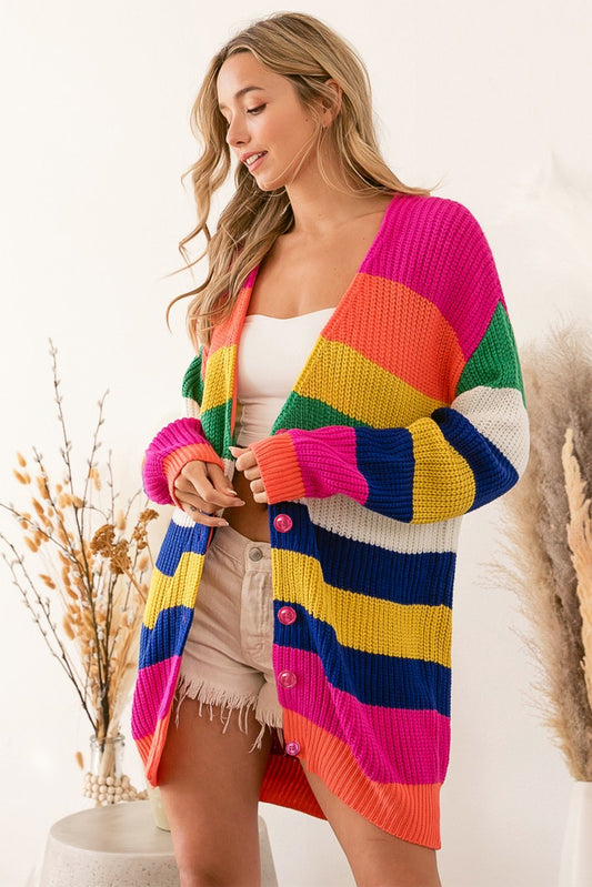 Long cardigan with multi-colored stripes print