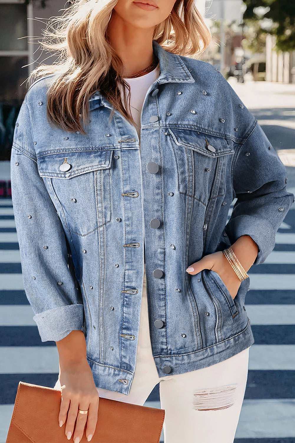 Mist Blue Rignestones Veste en jean clouté