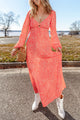 Red floral dress with long puff sleeves and v-neck