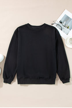 Black solid sweatshirt with dropped shoulders and crew neck