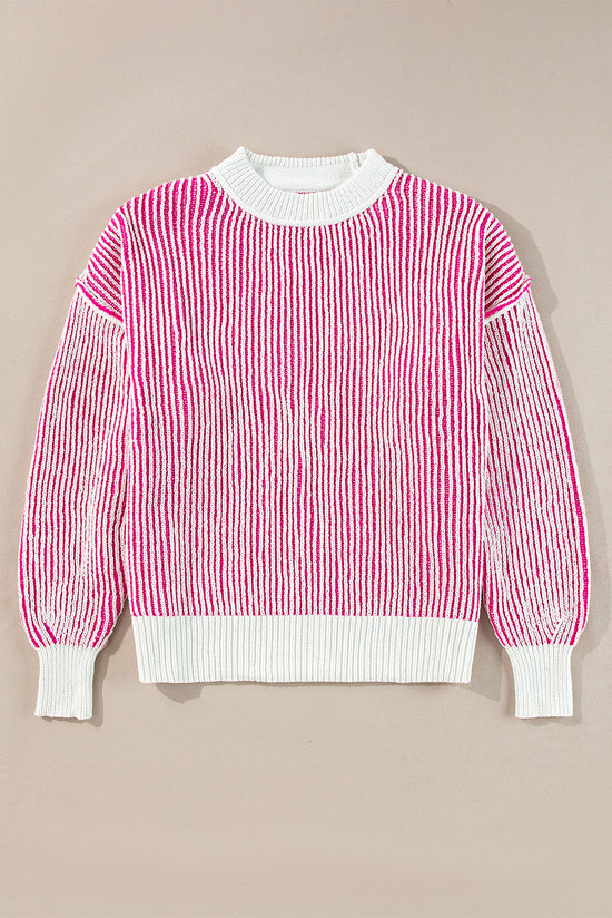 Pull ample à bords contrastés en tricot texturé à rayures rose vif