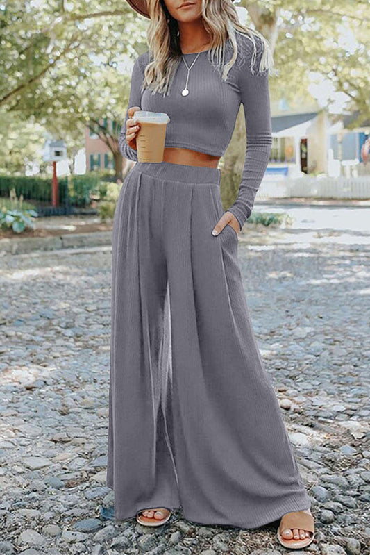 Grey Ribbed Crop Top and Solid Color Long Pants Set