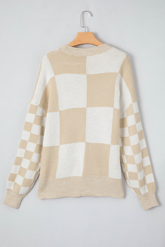 Linen Plaid Print Drop Shoulder Sweater