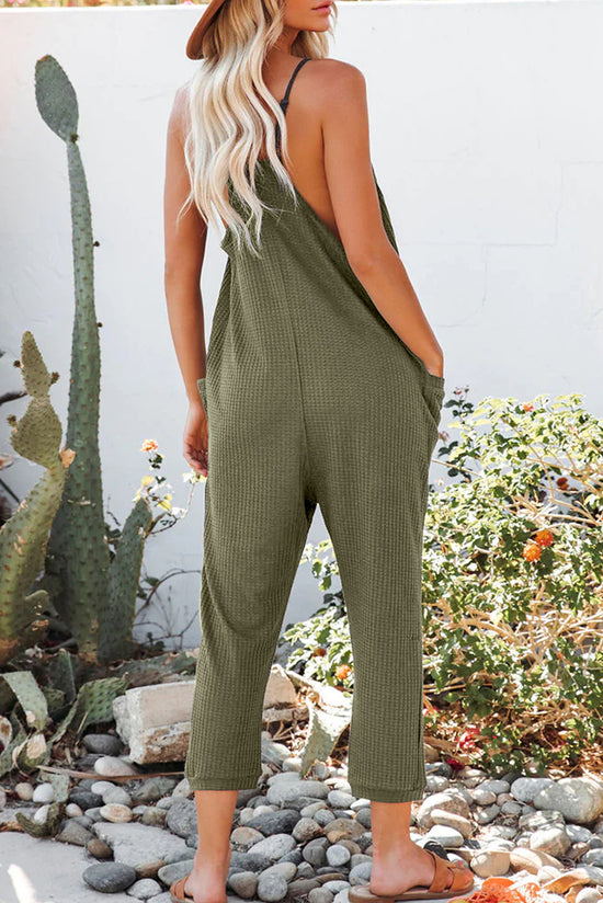 Green Textured Sleeveless V-Neck Pockets Casual Jumpsuit