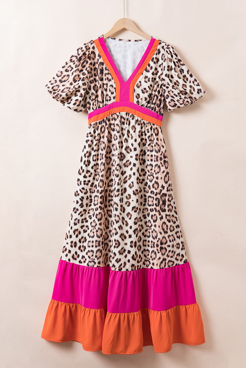 Hot pink leopard color block patchwork bubble sleeve maxi dress