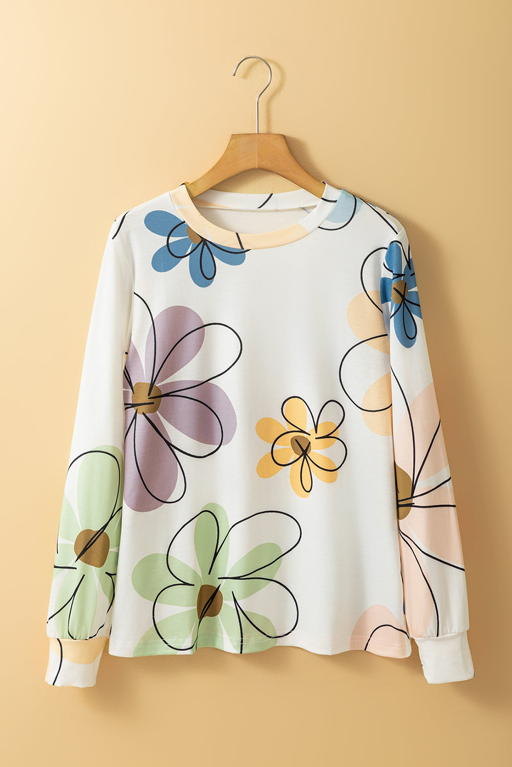 Camiseta de manga larga de cuello con estampado de estampado de flores beige