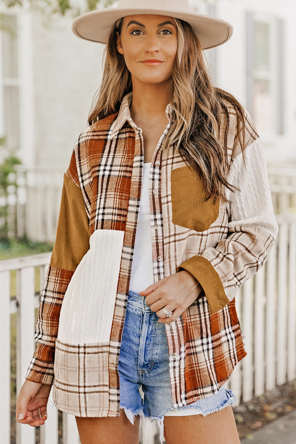 Veste chemise patchwork à carreaux orange avec poche et blocs de couleurs