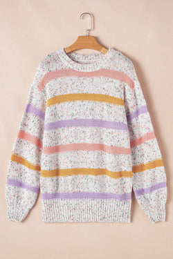 White sweater with lantern sleeves and stripes confetti color block