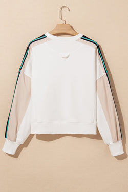 White Active Loose Fit Striped Color Block Sweatshirt with Exposed Seams