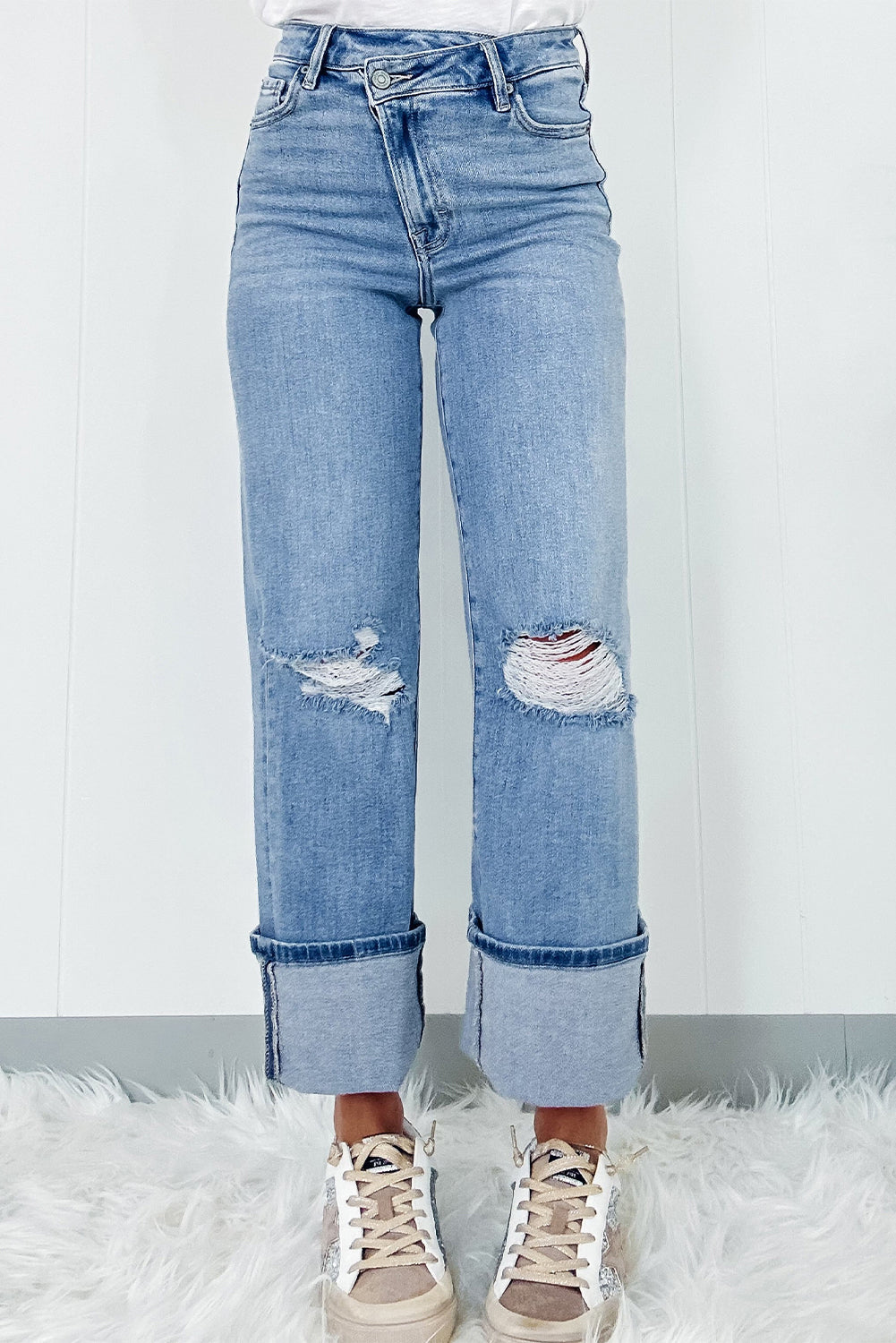 High Waisted Asymmetrical Ripped Jeans with Zip Fly and Button in Twilight Blue
