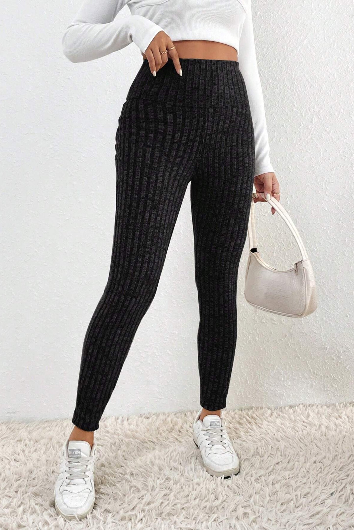 Black Wide Waist Ribbed Textured Knit Leggings