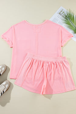 Rose - Plus Size Ribbed Exposed Seam T-Shirt and Shorts Set