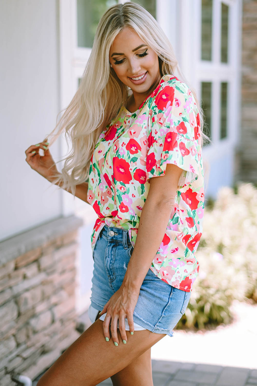 Fiery Red Floral Print Ruffled Short Sleeve V Neck Blouse