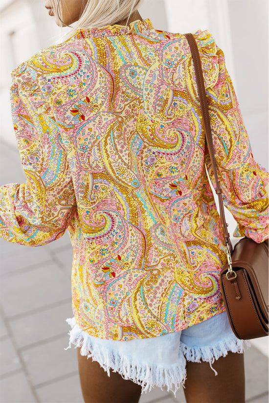 Camisa boho de estampado de Cachemira y bordes de volantes