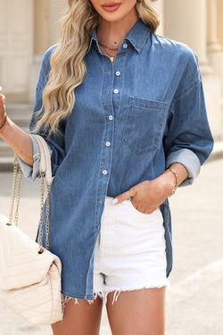 O oversseated buttoned shirt with a plated color pocket beautiful blue blue