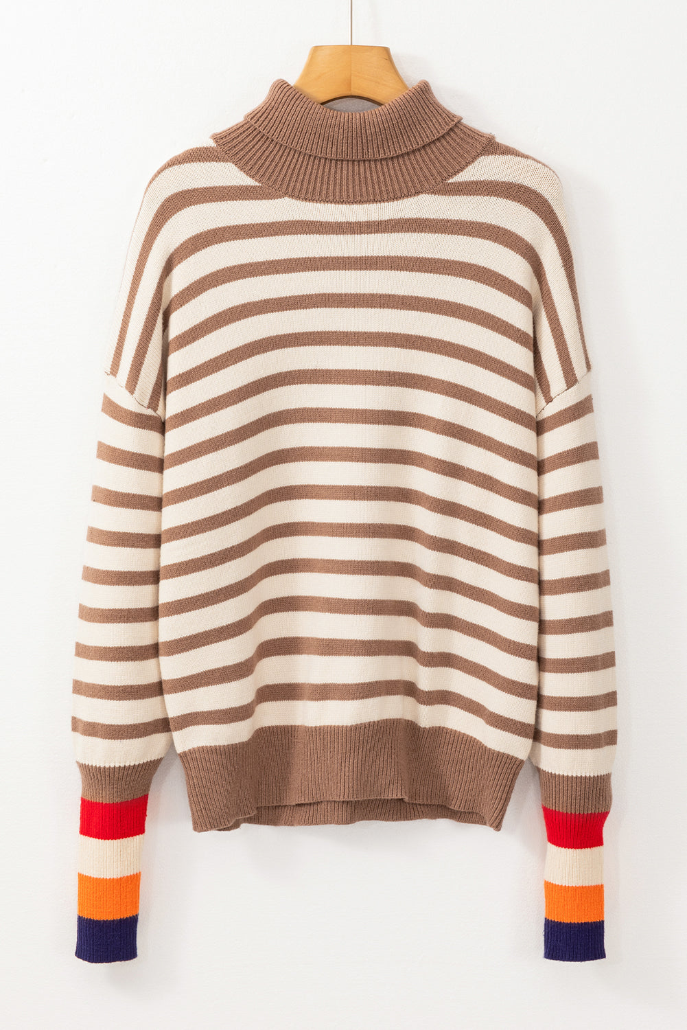 Brown Striped Color Block Turtleneck Sweater with Bishop Sleeves