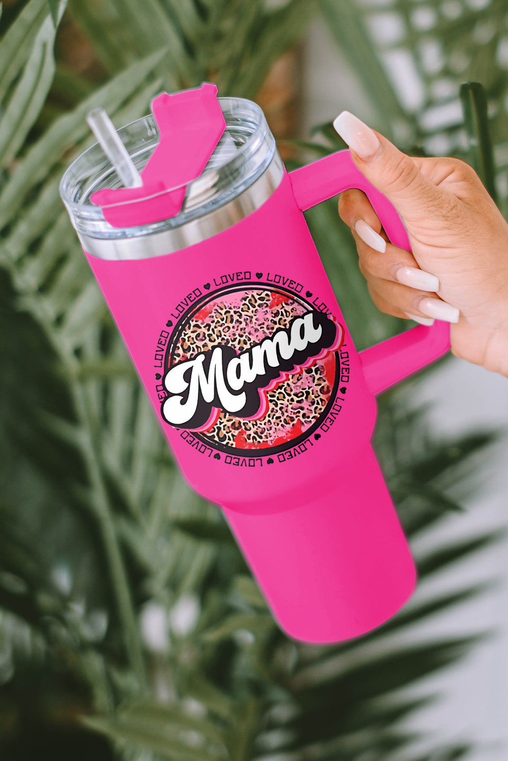 Tasse isolante en acier inoxydable à imprimé léopard Rose Mama avec poignée 40oz