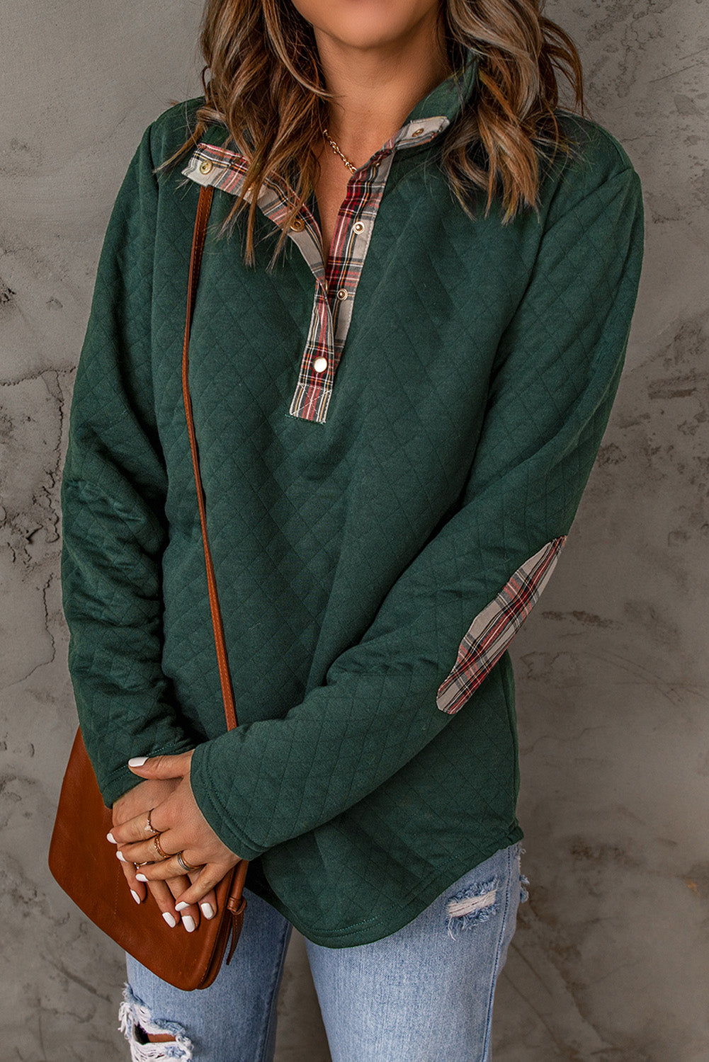 Sweat-shirt Green Geometric Texture Plaid Trim