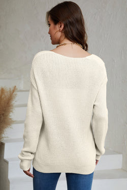 Pull beige en maille côtelée à col en V