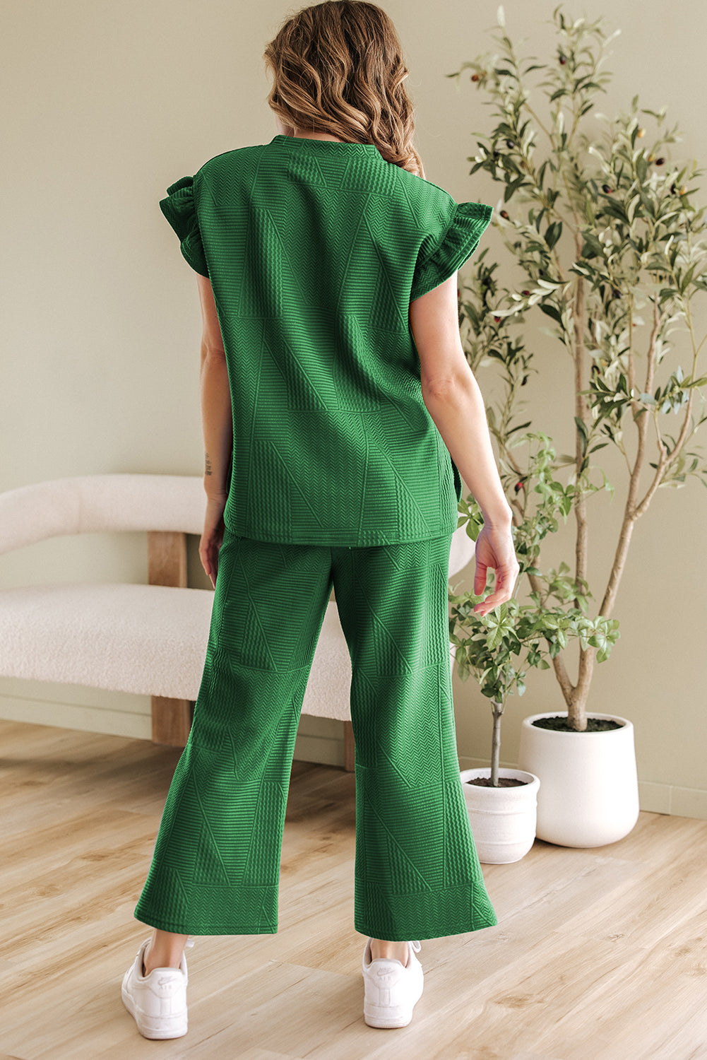 Dark Green Ruffle Sleeve Summer Top and Loose Short Pants Set