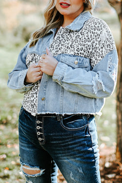 Plus Size Blue Leopard Ripped Short Denim Jacket