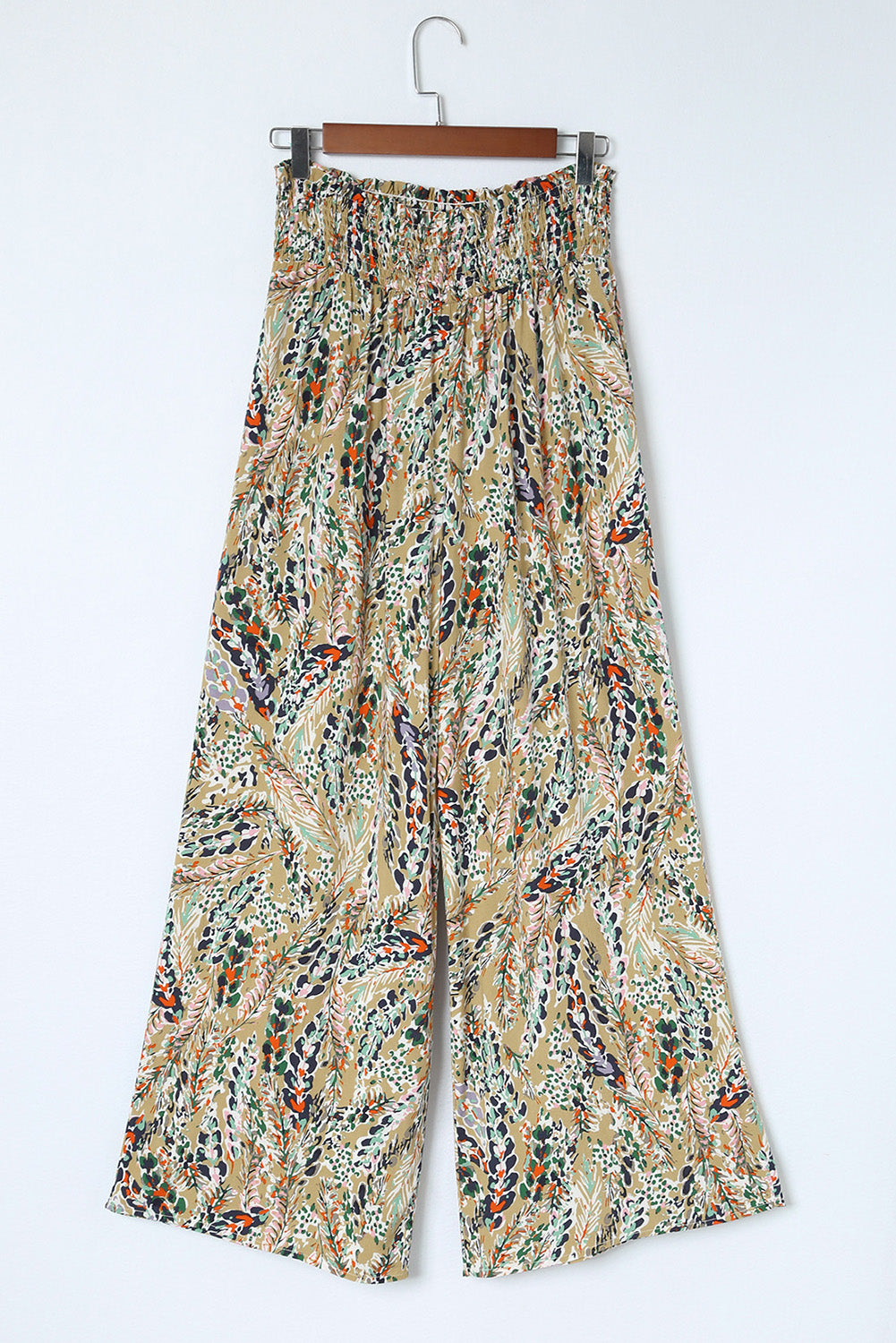 Multicolor Floral Print Shirred High Waist Wide Leg Casual Pants