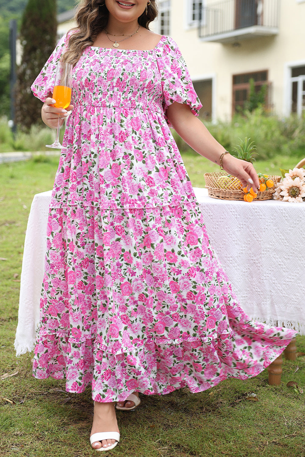 Robe Rose Smockée à Manches Bouffantes et Imprimé Floral de Grande Taille