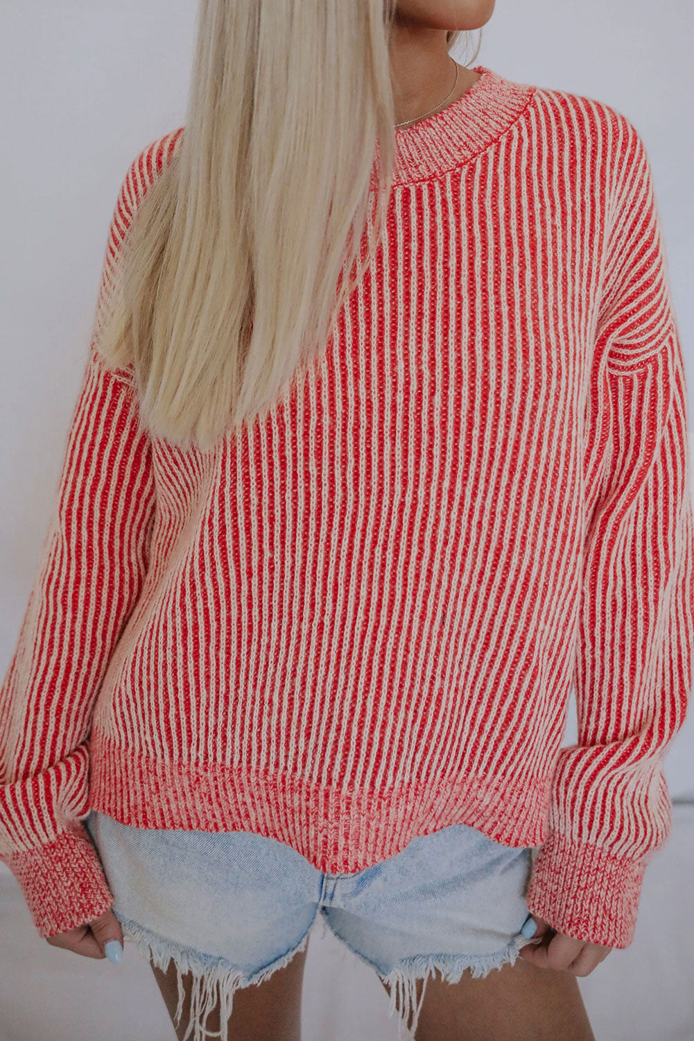 Striped Print Ribbed Crew Neck Sweater