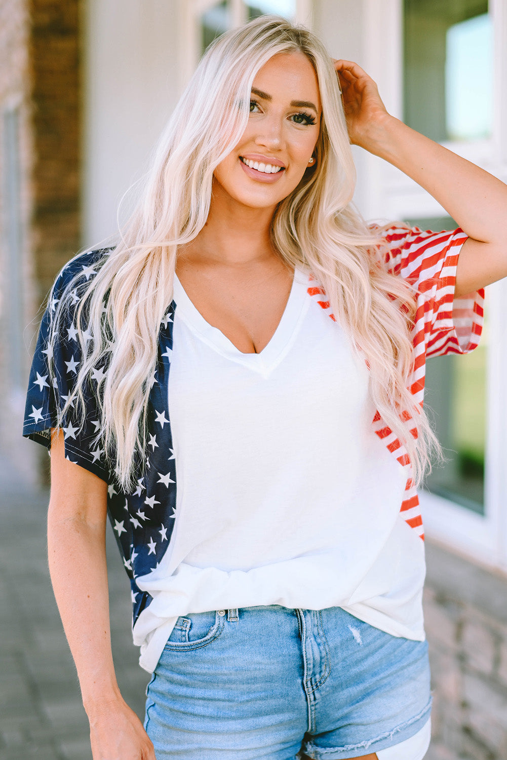 White the US Stars and Stripes V Neck Tee