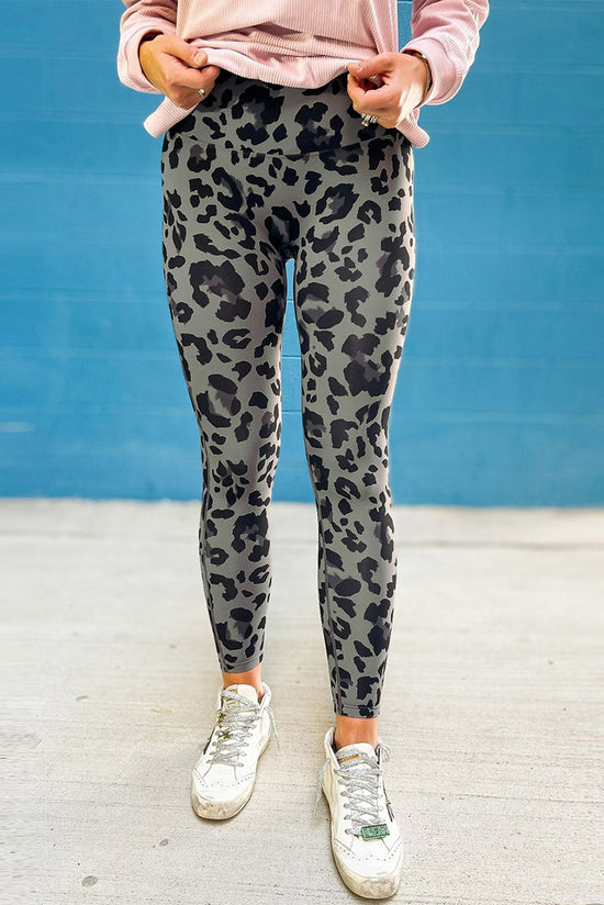 Leggings grises clásicos activos con estampado de leopardo