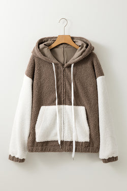 Chaqueta sherpa marrón con bolsillos con capucha y cremallera